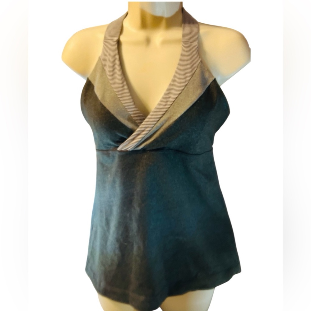Lululemon "Deep Breath" halter tank top in a black and grey striped-Size 6.